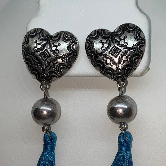 Antiqued Silver-Tone Heart Beaded Blue Tassel Tie Dangle Earrings - Picture 4 of 7